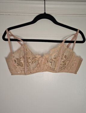 Fredrick's of Hollywood Sexy Sheer Nude Rhinestone Lace Bra - Women's X-Large